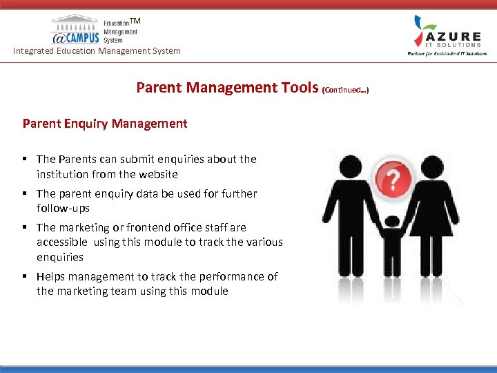Integrated Education Management System Parent Management Tools (Continued…) Parent Enquiry Management § The Parents