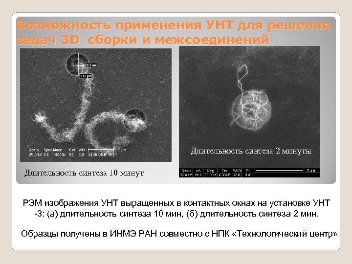 Возможность применения УНТ для решения задач 3 D сборки и межсоединений Длительность синтеза 2