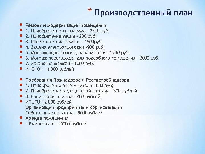* Производственный план Ремонт и модернизация помещения 1. Приобретение линолеума – 2200 руб; 2.