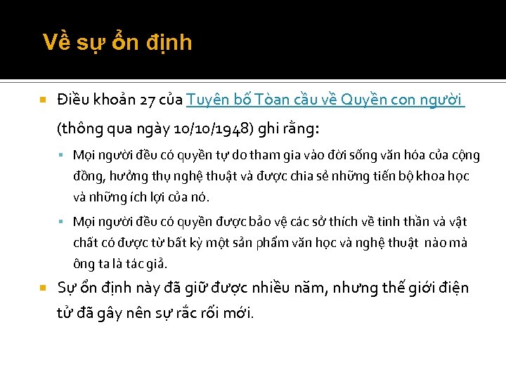 Về sự ổn định Điều khoản 27 của Tuyên bố Tòan cầu về Quyền