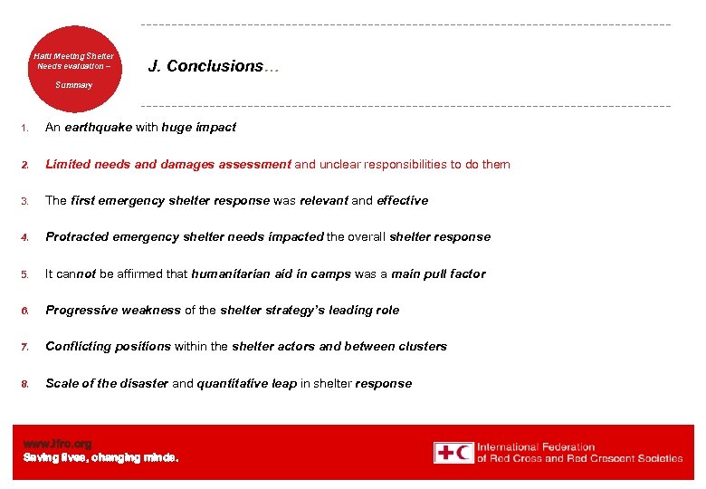 Haiti Welcome. Shelter Meeting to Needs evaluation – the IFRC J. Conclusions… Summary 1.