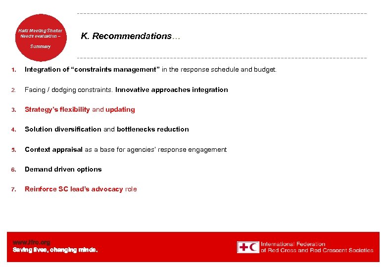 Haiti Welcome. Shelter Meeting to Needs evaluation – the IFRC K. Recommendations… Summary 1.
