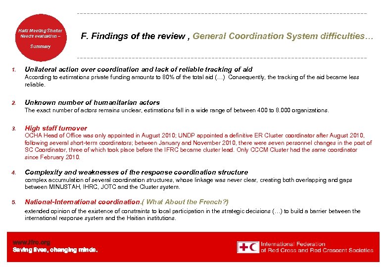 Haiti Welcome. Shelter Meeting to Needs evaluation – the IFRC F. Findings of the