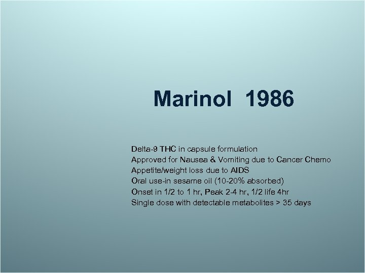 Marinol 1986 Delta-9 THC in capsule formulation Approved for Nausea & Vomiting due to