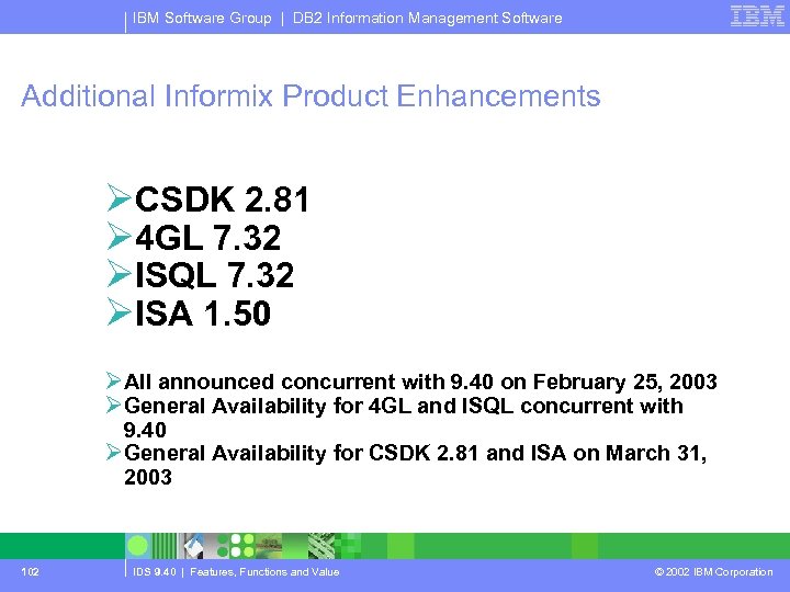 IBM Software Group | DB 2 Information Management Software Additional Informix Product Enhancements ØCSDK