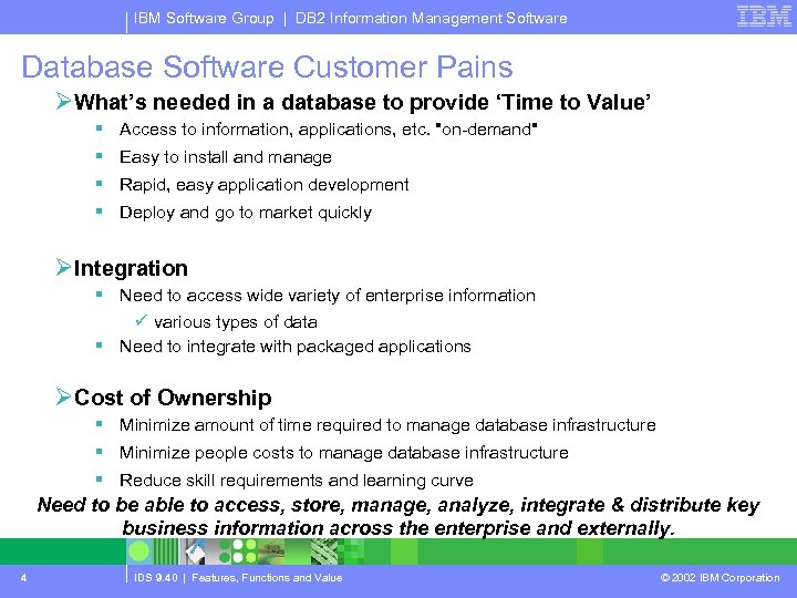 IBM Software Group | DB 2 Information Management Software Database Software Customer Pains ØWhat’s