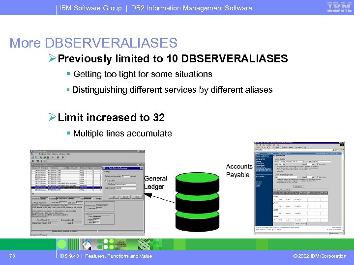 IBM Software Group | DB 2 Information Management Software More DBSERVERALIASES ØPreviously limited to