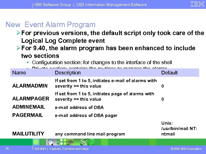 IBM Software Group | DB 2 Information Management Software New Event Alarm Program ØFor