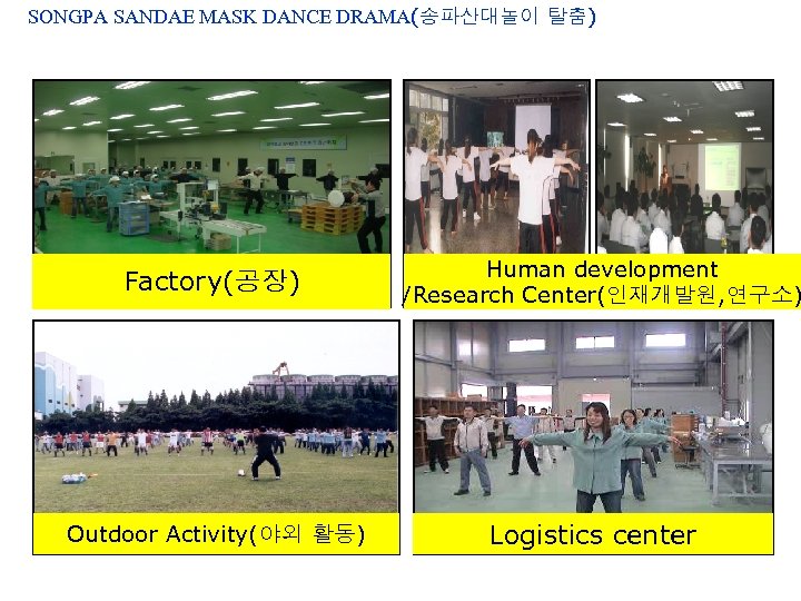 SONGPA SANDAE MASK DANCE DRAMA(송파산대놀이 탈춤) Factory(공장) Outdoor Activity(야외 활동) Human development /Research Center(인재개발원,