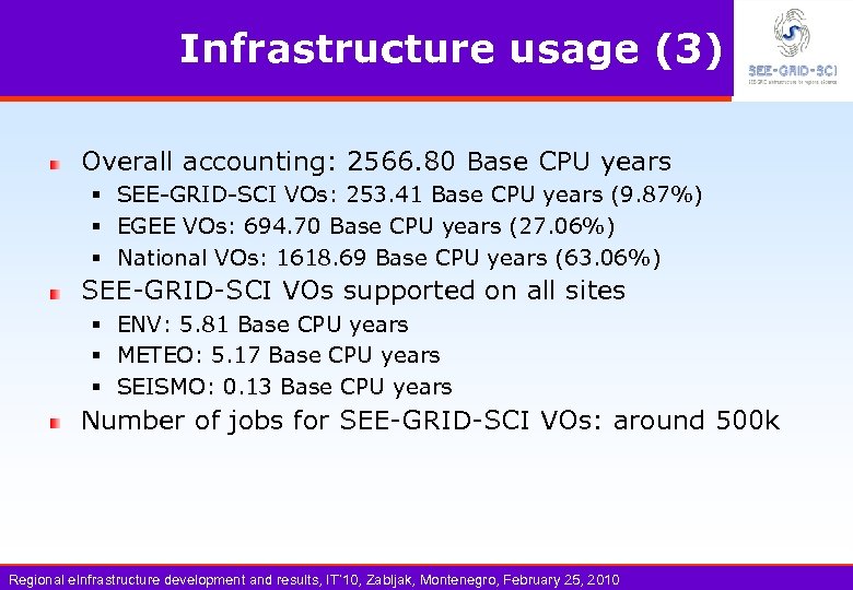 Infrastructure usage (3) Overall accounting: 2566. 80 Base CPU years § SEE-GRID-SCI VOs: 253.