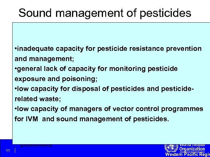 Sound management of pesticides of public health importance • refers to the regulatory control,
