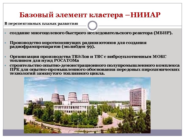 Базовый элемент кластера –НИИАР В перспективных планах развития: создание многоцелевого быстрого исследовательского реактора (МБИР).