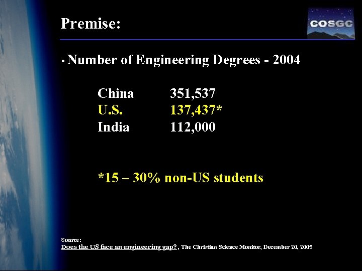 Premise: • Number of Engineering Degrees - 2004 China U. S. India 351, 537
