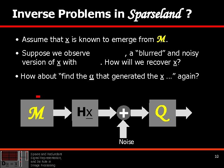 Inverse Problems in Sparseland ? • Assume that x is known to emerge from
