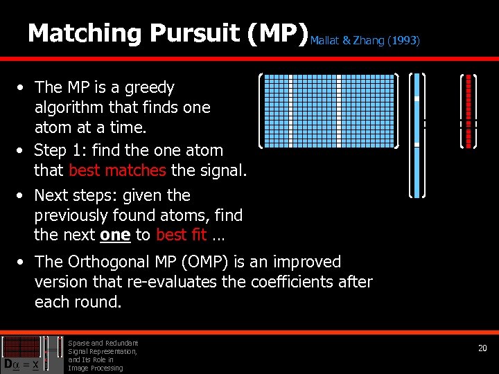 Matching Pursuit (MP) Mallat & Zhang (1993) • The MP is a greedy algorithm