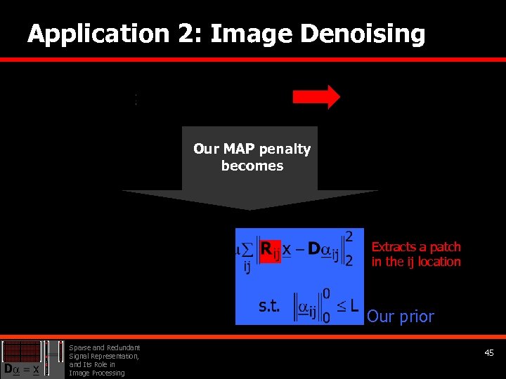 Application 2: Image Denoising Our MAP penalty becomes Extracts a patch in the ij