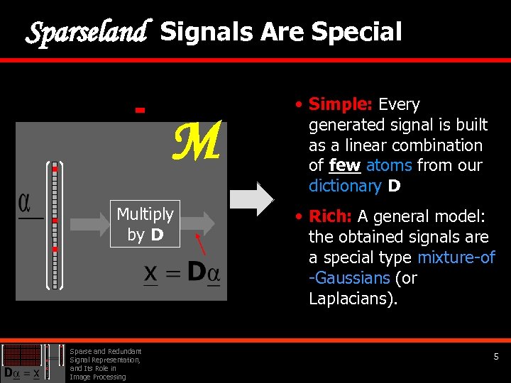 Sparseland Signals Are Special M Multiply by D Sparse and Redundant Signal Representation, and