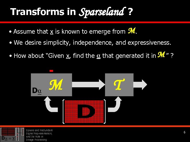 Transforms in Sparseland ? • Assume that x is known to emerge from M