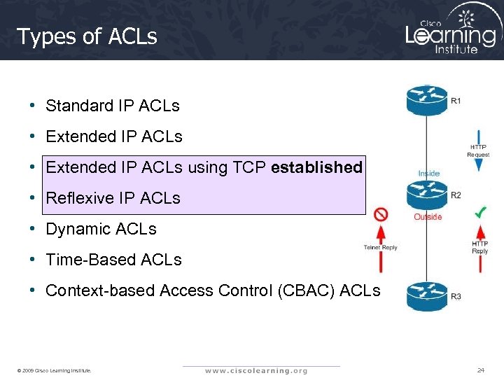 Types of ACLs • Standard IP ACLs • Extended IP ACLs using TCP established