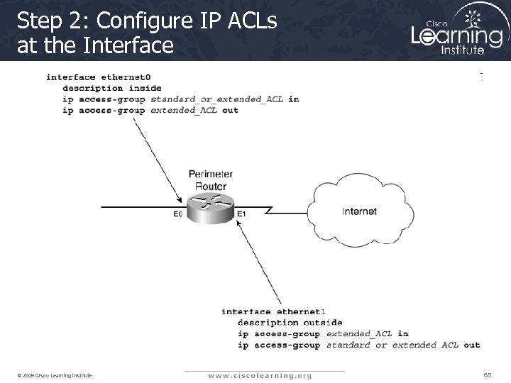 Step 2: Configure IP ACLs at the Interface © 2009 Cisco Learning Institute. 65