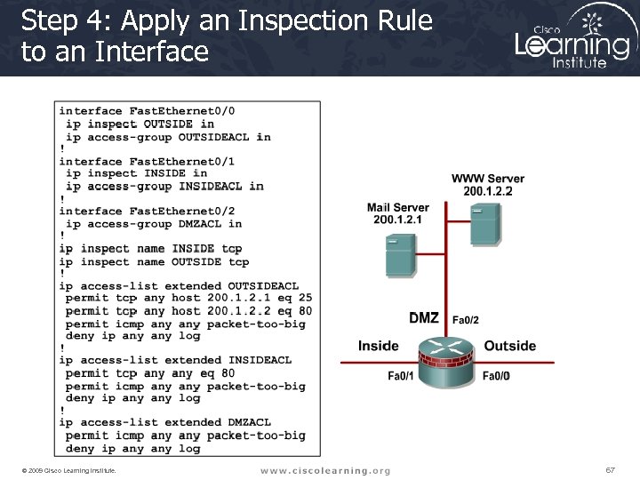 Step 4: Apply an Inspection Rule to an Interface © 2009 Cisco Learning Institute.