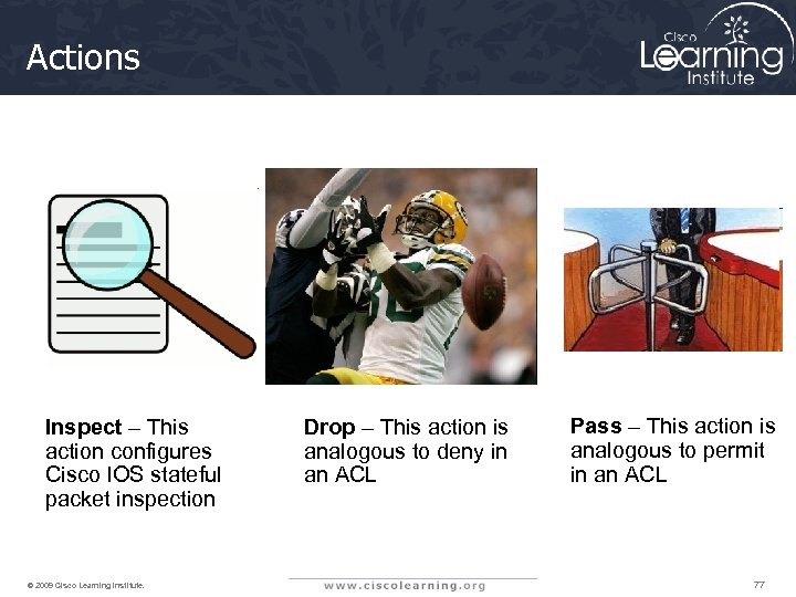 Actions Inspect – This action configures Cisco IOS stateful packet inspection © 2009 Cisco