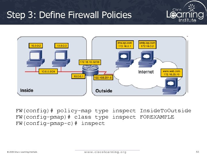 Step 3: Define Firewall Policies FW(config)# policy-map type inspect Inside. To. Outside FW(config-pmap)# class