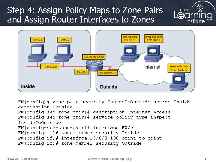 Step 4: Assign Policy Maps to Zone Pairs and Assign Router Interfaces to Zones