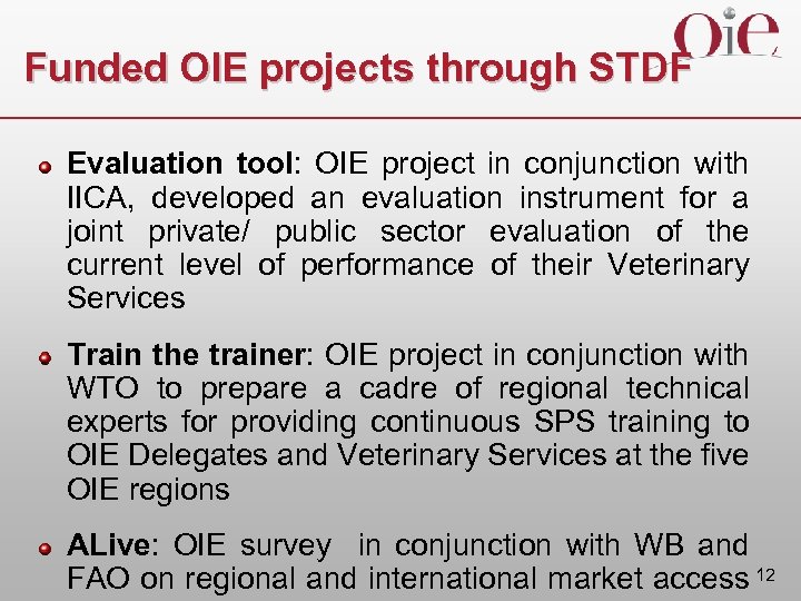 Funded OIE projects through STDF Evaluation tool: OIE project in conjunction with IICA, developed