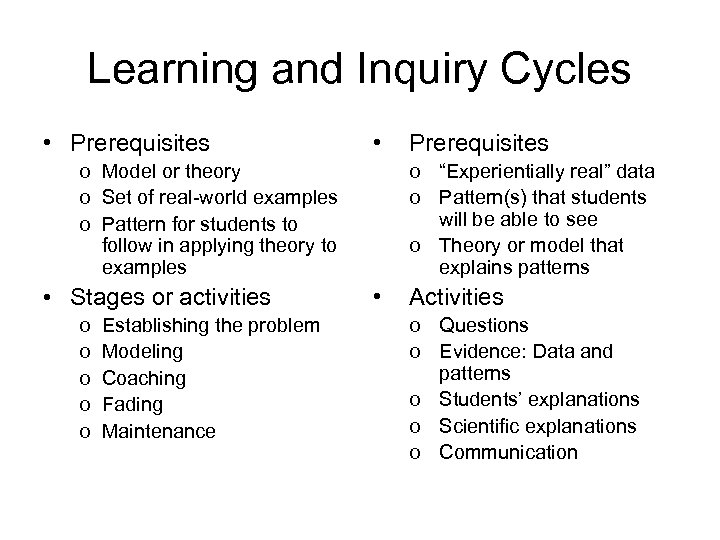 Learning and Inquiry Cycles • Prerequisites • o Model or theory o Set of