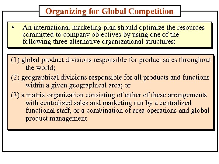 Organizing for Global Competition • An international marketing plan should optimize the resources committed