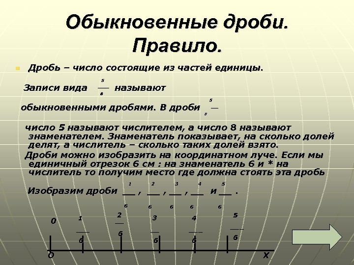Обыкновенные дроби. Правило. n Дробь – число состоящие из частей единицы. 5 Записи вида