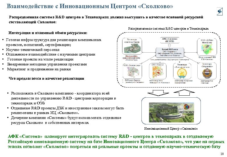 Взаимодействие с Инновационным Центром «Сколково» Распределенная система R&D центров в Технопарках должна выступить в