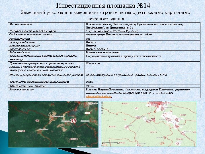 Инвестиционная площадка № 14 Земельный участок для завершения строительства одноэтажного кирпичного нежилого здания Местоположение: