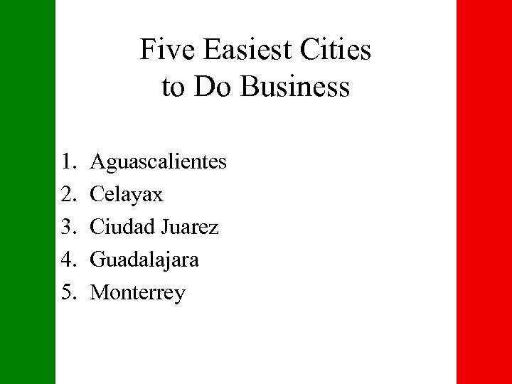 Five Easiest Cities to Do Business 1. 2. 3. 4. 5. Aguascalientes Celayax Ciudad