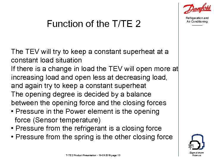 Function of the T/TE 2 Refrigeration and Air Conditioning The TEV will try to