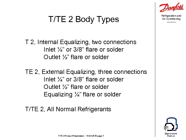 T/TE 2 Body Types Refrigeration and Air Conditioning T 2, Internal Equalizing, two connections