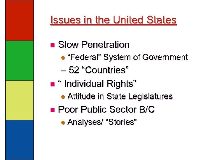 Issues in the United States n Slow Penetration l “Federal” System of Government –