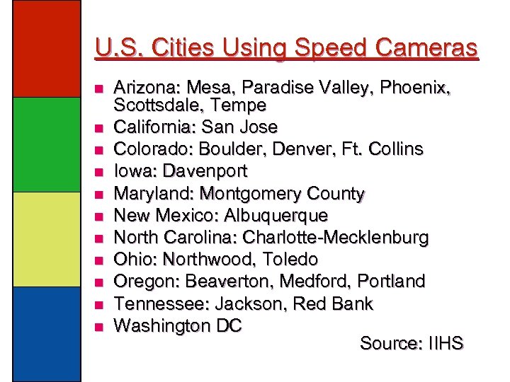 U. S. Cities Using Speed Cameras n n n Arizona: Mesa, Paradise Valley, Phoenix,