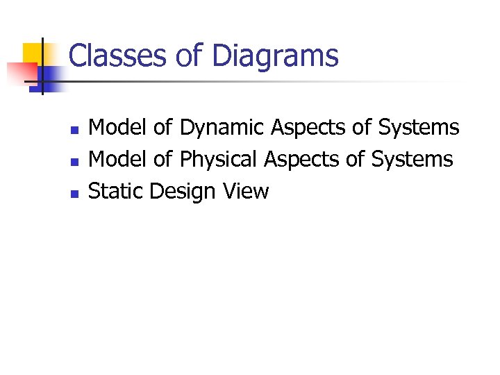 Classes of Diagrams n n n Model of Dynamic Aspects of Systems Model of