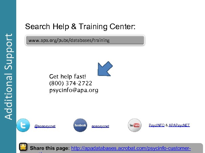 Additional Support Search Help & Training Center: www. apa. org/pubs/databases/training Get help fast! (800)