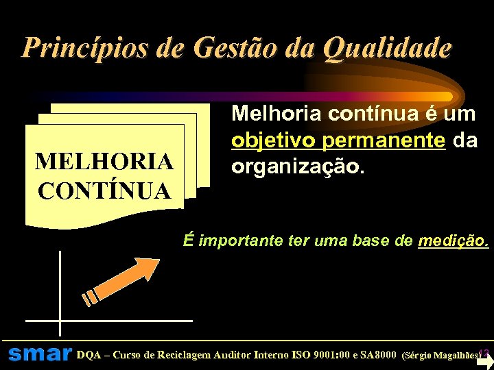 Princípios de Gestão da Qualidade MELHORIA CONTÍNUA Melhoria contínua é um objetivo permanente da