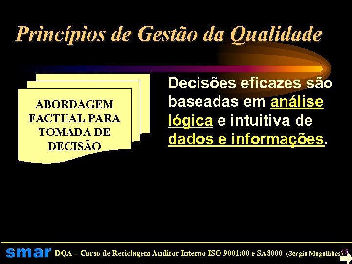 Princípios de Gestão da Qualidade ABORDAGEM FACTUAL PARA TOMADA DE DECISÃO Decisões eficazes são