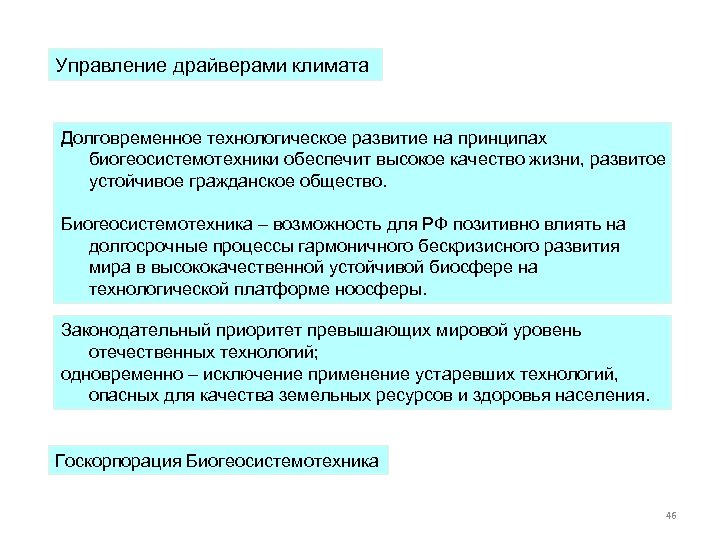 Управление драйверами климата Долговременное технологическое развитие на принципах биогеосистемотехники обеспечит высокое качество жизни, развитое