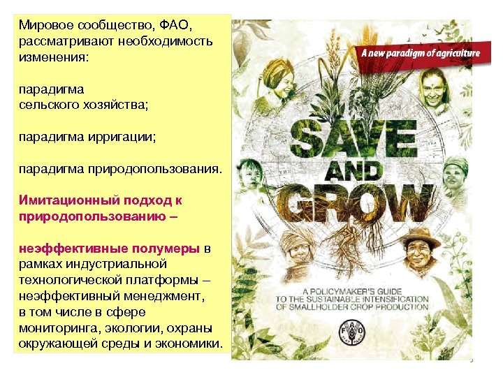 Мировое сообщество, ФАО, рассматривают необходимость изменения: парадигма сельского хозяйства; парадигма ирригации; парадигма природопользования. Имитационный