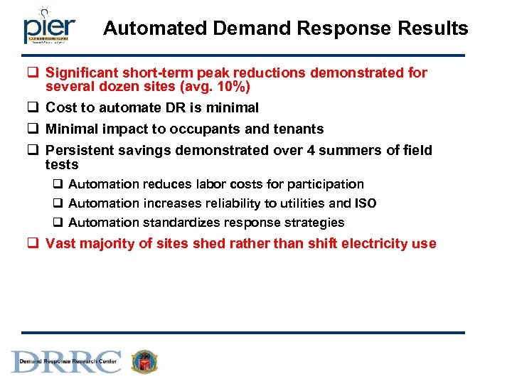 Automated Demand Response Results q Significant short-term peak reductions demonstrated for several dozen sites