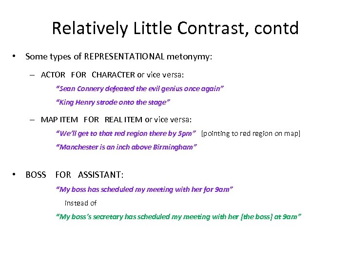 Relatively Little Contrast, contd • Some types of REPRESENTATIONAL metonymy: – ACTOR FOR CHARACTER