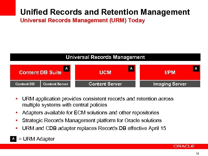 Unified Records and Retention Management Universal Records Management (URM) Today Universal Records Management Content