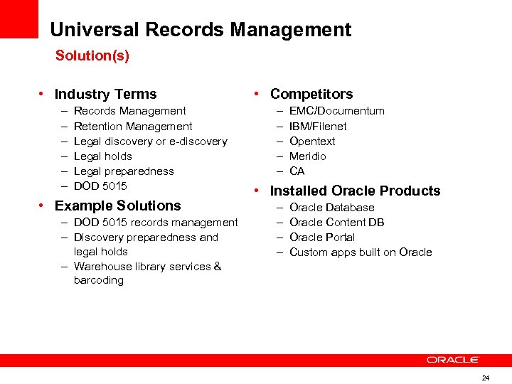 Universal Records Management Solution(s) • Industry Terms – – – Records Management Retention Management