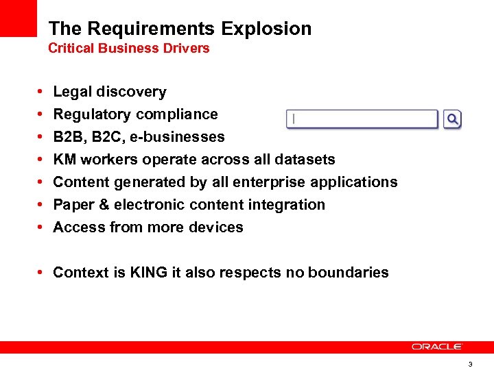 The Requirements Explosion Critical Business Drivers • • Legal discovery Regulatory compliance B 2